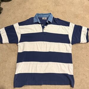 Vintage Rugby Striped Polo Shirt with Denim Collar XL
